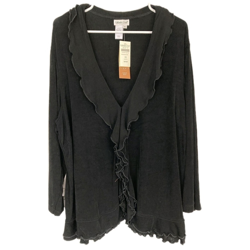 Vtg Coldwater Creek Blouse Women 3X Blk Dbl Ruffle Open V Front Travel Knit NWT